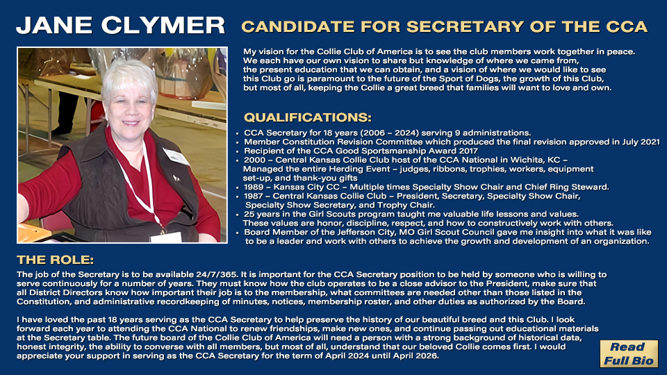 Jane Clymer -- Candidate for Secretary of the Collie Club of America