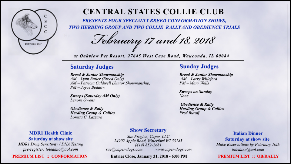 Central States Collie Club -- 2018 Specialty Shows, Rally and Obedience Trials
