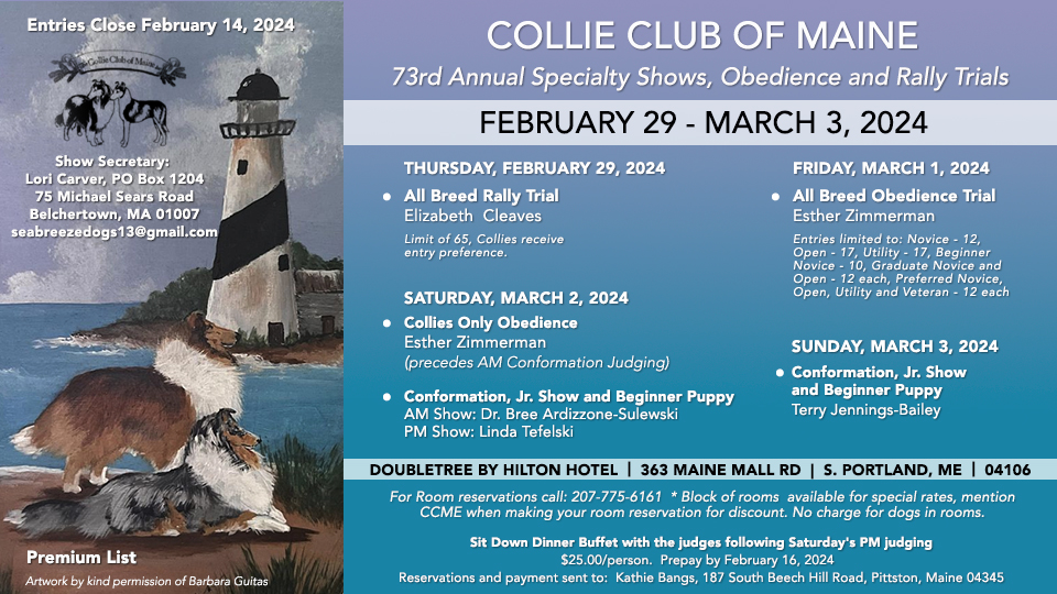 Collie Club of Maine -- 2024 Specialty shows, Obedience and Rally Trials