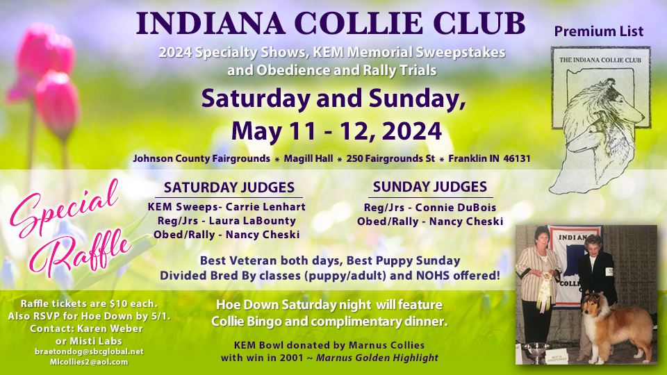 Indiana Collie Club -- 2024 Specialty Shows, Kem Memorial Sweepstakes and Obedience and Rally Trials