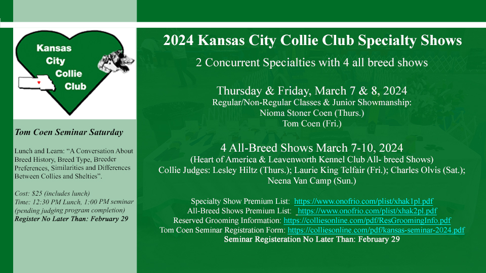 Kansas City Collie Club -- 2024 Specialty Shows and Seminar by Tom Coen