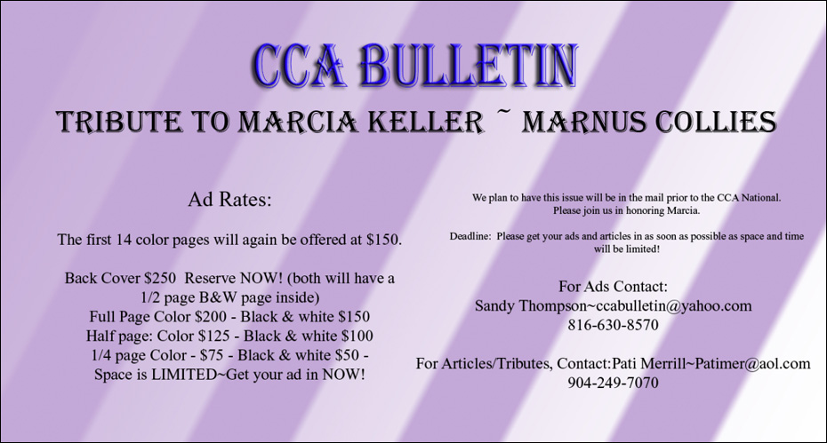 Collie Club of America -- CCA Bulletin, Tribute To Marcia Keller, Marnus Collies