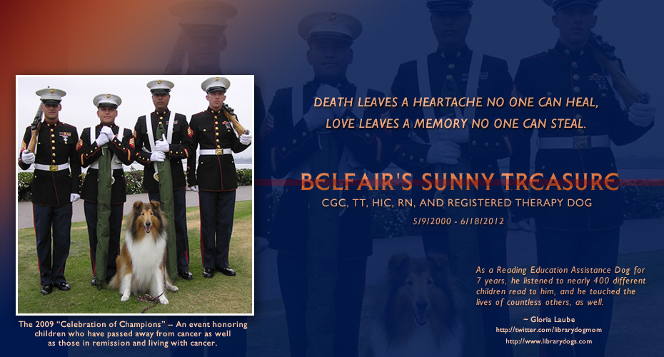 Gloria Laube -- In Loving Memory of Belfair's Sunny Treasure CGC, TT, HIC, RN, Registered Therapy Dog