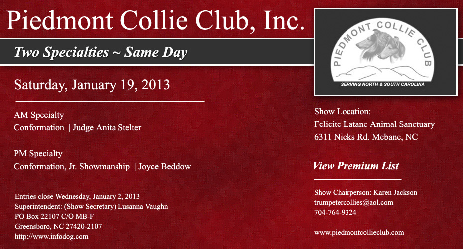 Piedmont Collie Club -- 2013 Specialty Shows