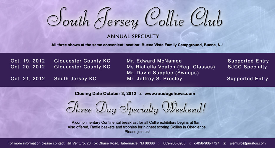 South Jersey Collie Club -- 2012 Specialty Shows and Supported Entry