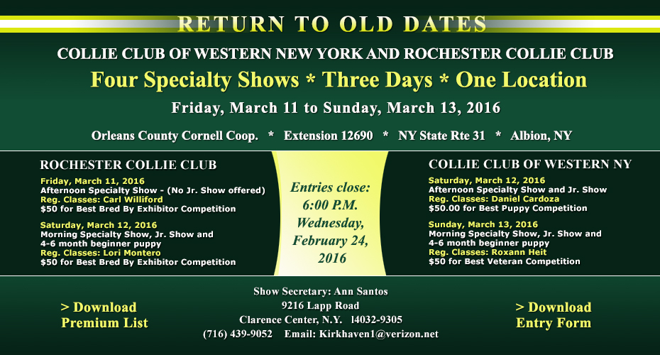 Collie Club of Western New York / Rochester Collie Club -- 2016 Specialty Shows