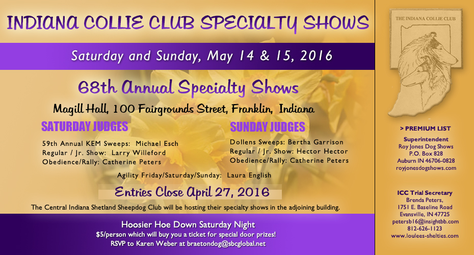 Indiana Collie Club -- 2016 Specialty Shows