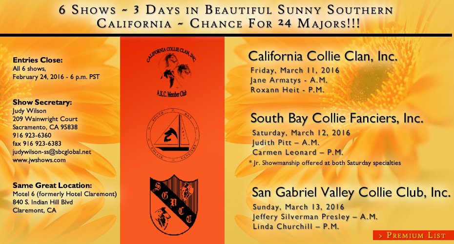  South Bay Collie Fanciers / San Gabriel Valley Collie Club / California Collie Clan -- 2016 Specialty Shows