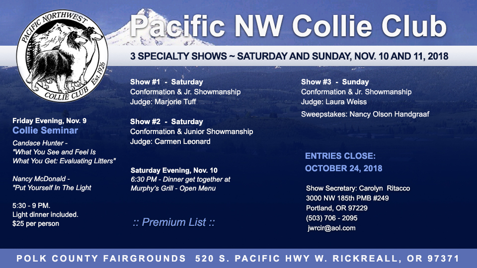 Pacific NW Collie Club -- 2018 Specialty Shows