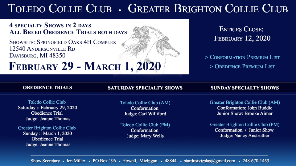 Toledo Collie Club / Greater Brighton Collie Club -- 2020 Specialty Shows and Obedience Trials 