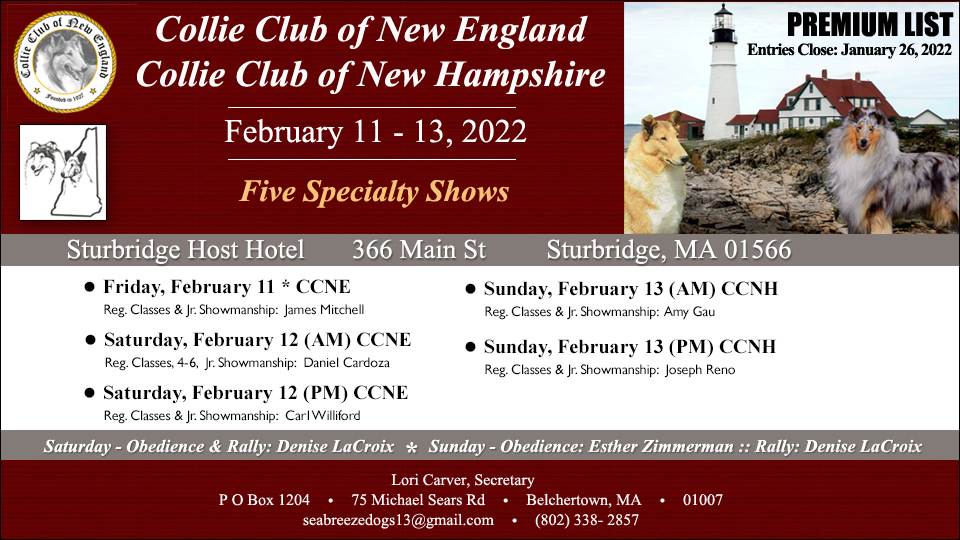 Collie Club of New England / Collie Club of New Hampshire -- 2022 Specialty Shows and Obedience and Rally Trials