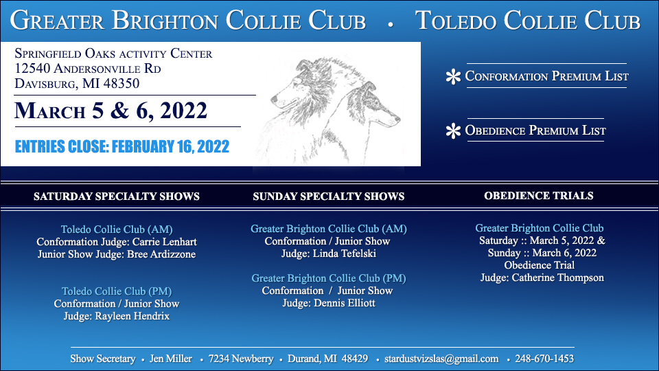 Greater Brighton Collie Club / Toledo Collie Club -- 2022 Specialty Shows and Obedience Trials
