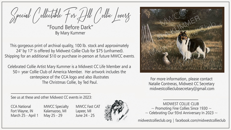 Midwest Collie Club -- Special collectible for all collie lovers "Found Before Dark" by Mary Kummer