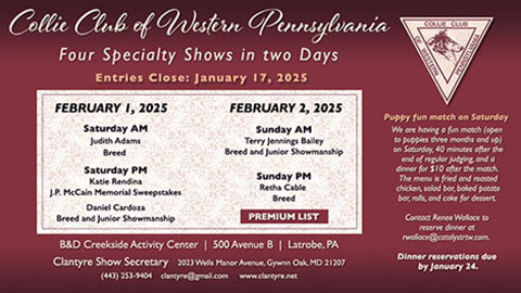 Collie Club of Western Pennsyvlania -- 2025 Specialty Shows, Fun Match and Dinner