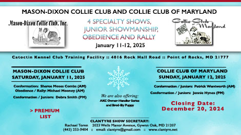 Mason-Dixon Collie Club / Collie Club of Maryland -- 2025 Specialty Shows, Obedience and Rally Trials