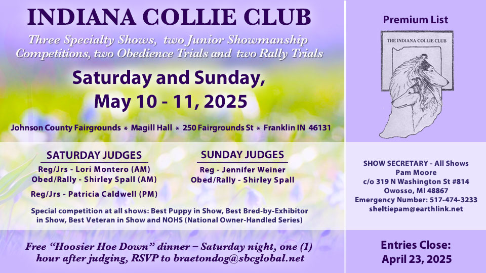 Indiana Collie Club -- 2025 Specialty Shows and Obedience and Rally Trials