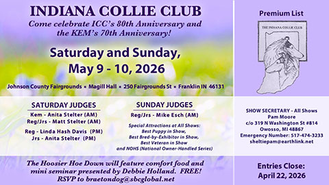 Indiana Collie Club -- 2026 Specialty Shows and Kem Memorial Sweepstakes